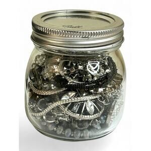 Mixed Jewelry Lot Silver and Black Tones Sparkly Jewelry Jar Wearable Good